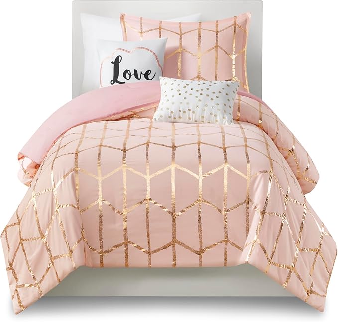 Intelligent Design Raina Twin / Twin XL Comforter Set, Soft Microfiber Comforter Set Twin, Modern Geometric Metallic Bed Set, 4 Pieces College Bedding Comforter Set with 1 Sham, 2 Toss Pillows Blush - LeafyLoom