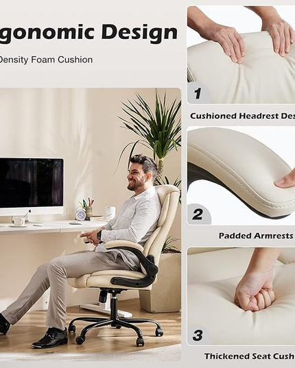 Office Chair - Ergonomic Executive Computer Desk Chairs with Adjustable Flip-up Armrest, Swivel Task Chair with Lumbar Support, Strong Metal Base, PU Leather, White - LeafyLoom