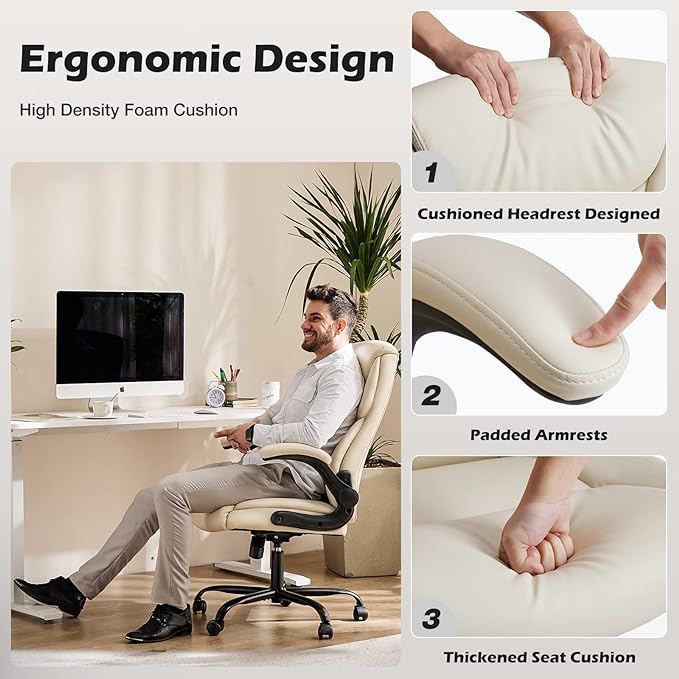 JHK Leather Office Chair with Flip Up Arms, Executive High Back Big and Tall Desk Chairs with Ergonomic Lumbar Support, Adjustable Height,Wheels, Soft Padded, Cream - LeafyLoom