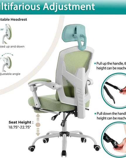MCQ Office Computer Desk Chair, Gaming Chairs for Adults, High-Back Mesh Rolling Swivel Reclining Chairs with Wheels, Comfortable Lumbar Support, Comfy Arms for Home, Office, Gaming, Student, Green - LeafyLoom