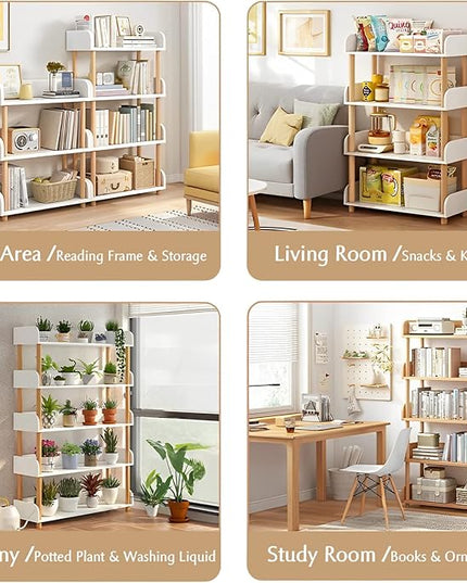 4-Tier Wooden Open Bookcase - Modern Display Bookshelf with Side Panels and Solid Wood Frame for Home and Office, Storage Cabinet, Warm White - LeafyLoom