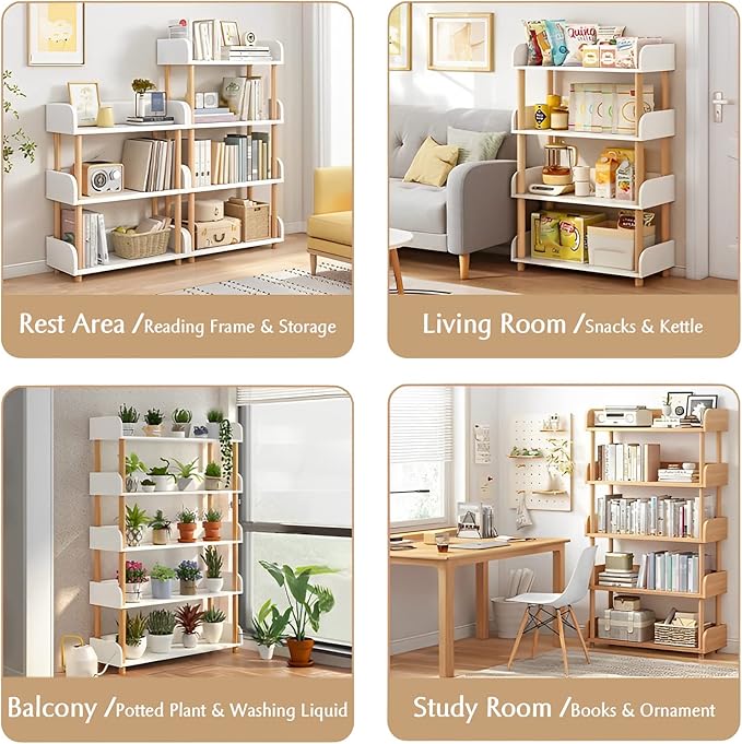 4-Tier Wooden Open Bookcase - Modern Display Bookshelf with Side Panels and Solid Wood Frame for Home and Office, Storage Cabinet, Warm White - LeafyLoom