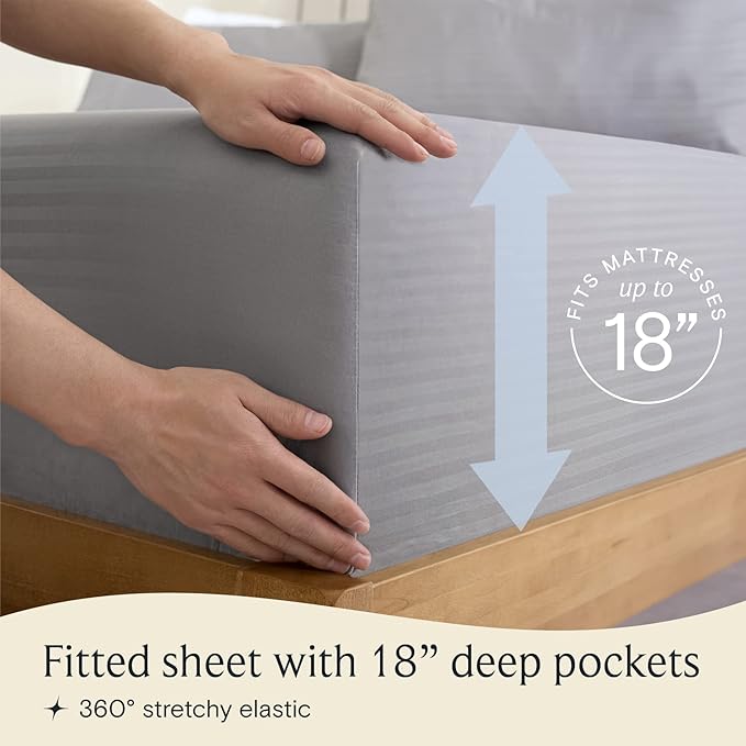 LuxClub Striped Sheets, 4 PC Striped Bed Sheets Twin Size, Deep Pockets 18" Eco Friendly Wrinkle Free-Kids-Fitted Sheets Machine Washable Hotel Bedding (Twin XL, Light Grey) - LeafyLoom