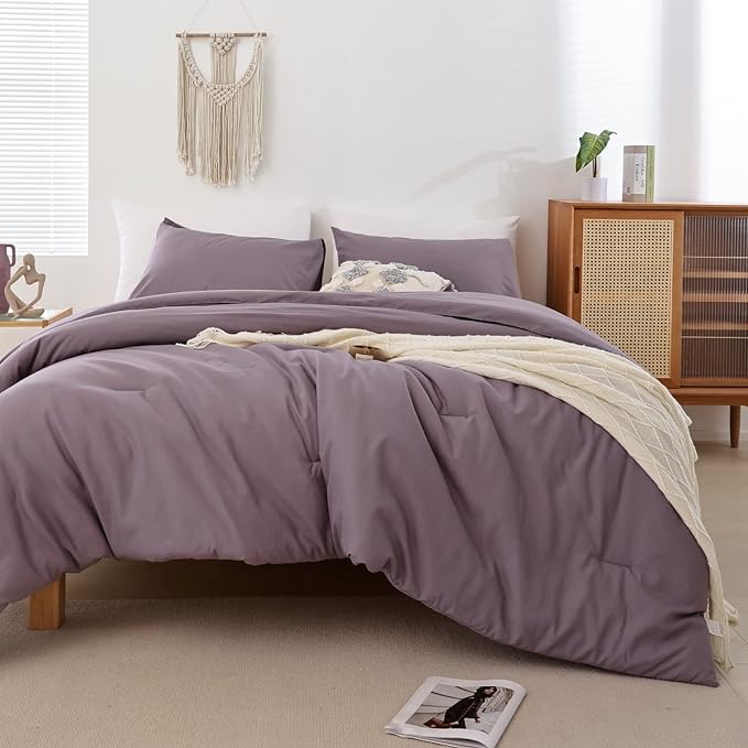 ROSGONIA Comforter Full Size for Boys Teen Girls Dusty Purple, 3pcs(1 Boho Comforter & 2 Pillowcases) Lightweight Dorm Bedding Soft All Season Bed Set - LeafyLoom