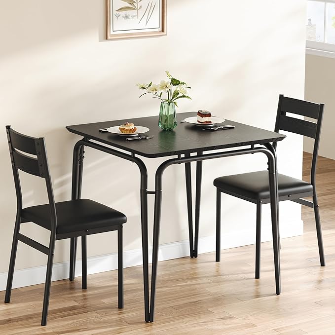 Dining Table for 2, Small Table and Chairs Set of 2, Square Dinette Set for 2, Dinner Table Set, 3 Piece Kitchen & Dining Room Sets for Small Space, Apartment (Black, Dining Table with 2 Chairs) - LeafyLoom