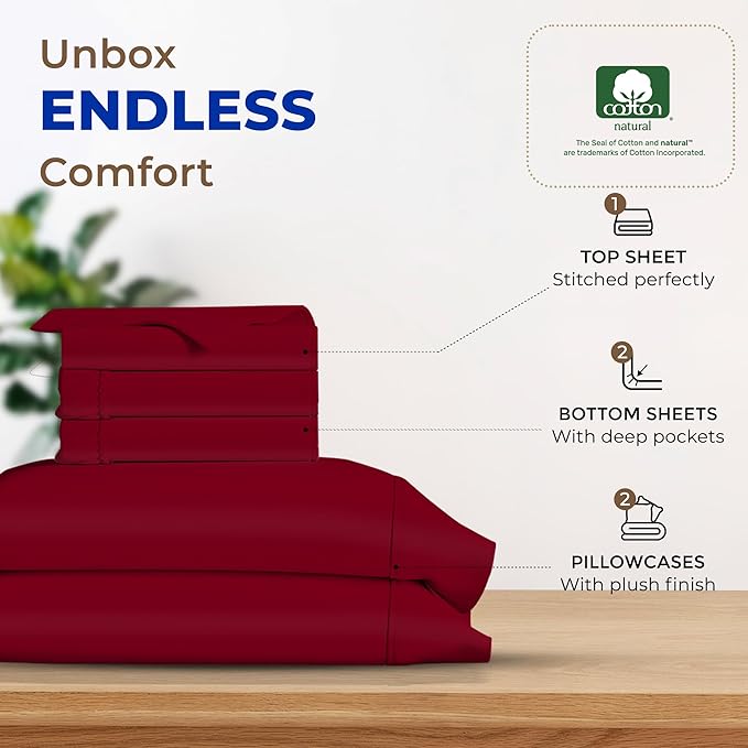 THREAD SPREAD 100% Egyptian Cotton Split King Sheets Sets For Adjustable Bed - 600 Thread Count 5 PC Top Split King Sheets, 16" Deep Pocket Soft Cooling Sheets For Split King Adjustable Bed - Burgundy - LeafyLoom