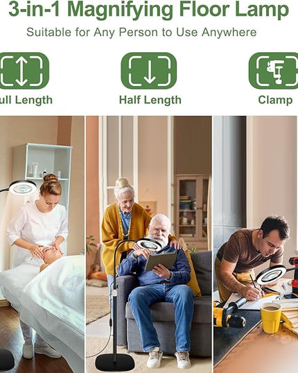 10X&5X Magnifying Glass with Light, 3-in-1 Magnifying Floor Lamp, Flexible Goose Neck, 3 Color Modes 10 Levels Dimmable LED Lighted Magnifier Lamp for Home Office Close Wrok Reading Hands Free - LeafyLoom
