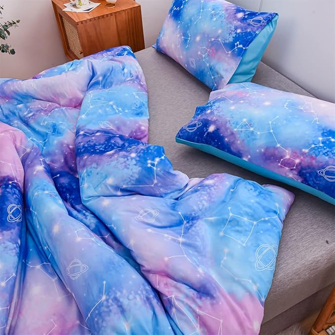Holawakaka Tie Dye Constellation Print Ombre Comforter Set Queen Size Boys Girls Gradient Galaxy Bedding Set (Blue Purple, Queen) - LeafyLoom