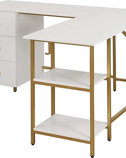 Techni Mobili L Shaped Desk - Two-Toned Computer Desk with Drawers & Storage Shelves - Simple Modern Furniture & Home Office Space Corner Table for Work & Writing - LeafyLoom