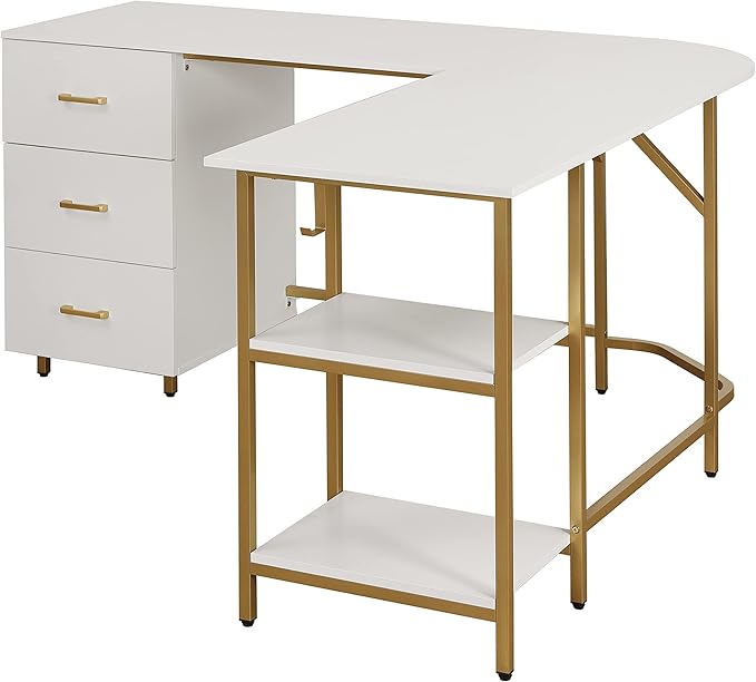Techni Mobili L Shaped Desk - Two-Toned Computer Desk with Drawers & Storage Shelves - Simple Modern Furniture & Home Office Space Corner Table for Work & Writing - LeafyLoom