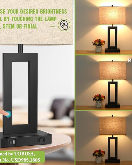 Set of 2 Touch Control Table Lamp with 2 USB Ports, 3-Way Dimmable Modern Nightstand Lamp Sets Bedside Touch Desk Lamp with Fabric Cream Shade For Bedroom Table Living Room Reading, Included Bulbs - LeafyLoom