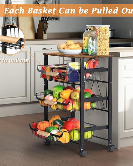 HEOMU Rolling Storage Cart, 4 Tier Kitchen Island Cart on Wheels with Pull-Out Baskets and Wood Top, Vegetable and Fruit Basket Stand for Kitchen, Living Room, Dining Room, Black - LeafyLoom