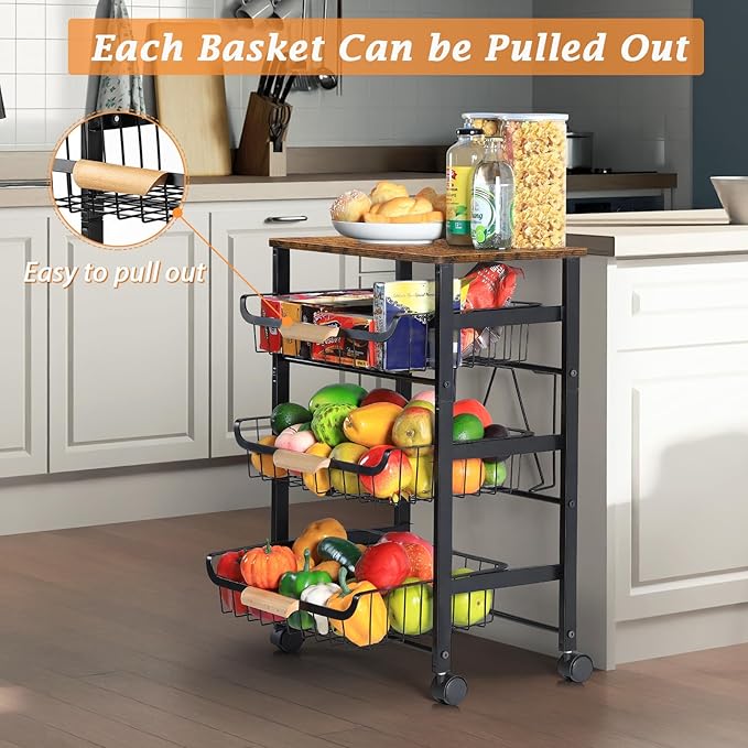 HEOMU Rolling Storage Cart, 4 Tier Kitchen Island Cart on Wheels with Pull-Out Baskets and Wood Top, Vegetable and Fruit Basket Stand for Kitchen, Living Room, Dining Room, Black - LeafyLoom