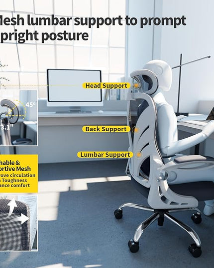 Ergonomic Office Chair with Foldable Backrest, Computer Desk Chair with Flip-up Armrests, Mesh Lumbar Support and 2D Headrest Big and Tall Office Chair, White - LeafyLoom