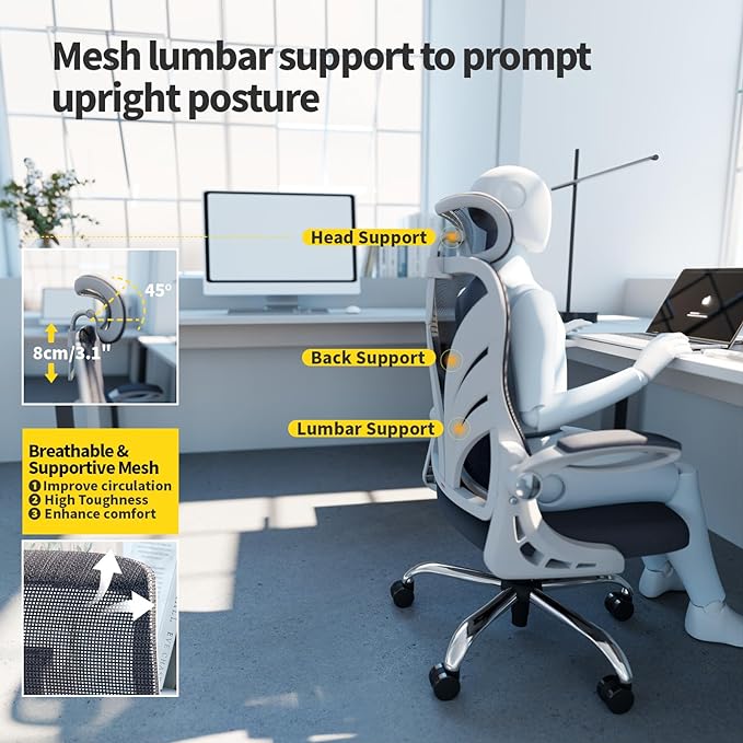 Ergonomic Office Chair with Foldable Backrest, Computer Desk Chair with Flip-up Armrests, Mesh Lumbar Support and 2D Headrest Big and Tall Office Chair, White - LeafyLoom