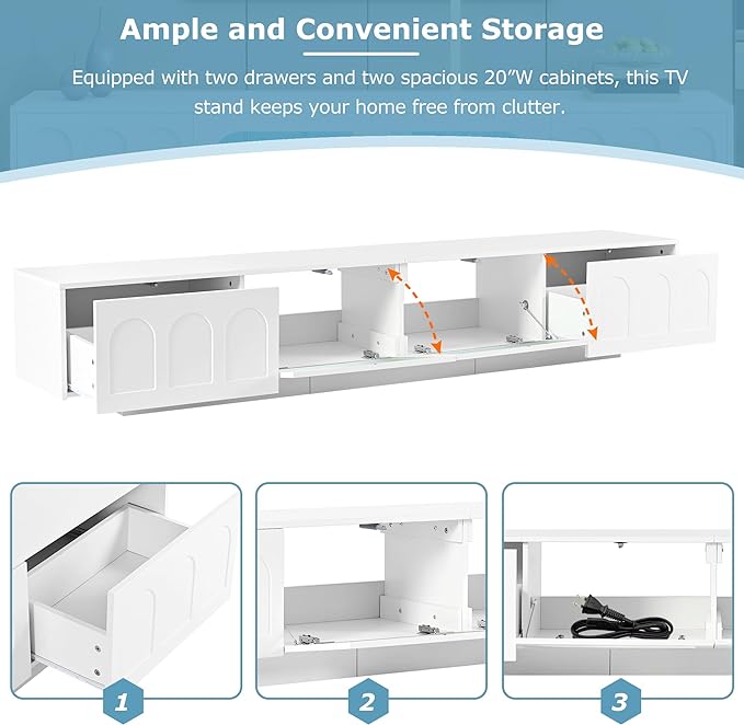 Merax TV Stand for Televisions Up to 95'', Functional Media Console with APP-Controlled Smart LED Light, Arched Cabinet Doors and Fluted Glass Doors, Entertainment Center, for Living Room, White - LeafyLoom