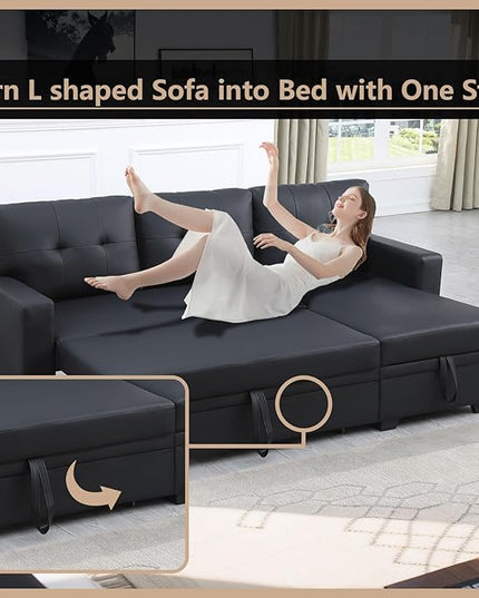4-in-1 Modular Sofa Bed Convertible Living Room Furniture Sets Upholstered, L Shaped Sectional Comfy Couch with Reversible Storage Chaise for Apartment, Studio, Office, Dark Gray-5 - LeafyLoom