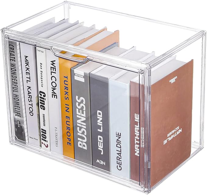FABROK Clear Book Storage Organizer Box, Plastic Stackable Book Display Case with Magnetic Door, Assemble Storage Showcase for Toy Dolls, Books, Handbags, Shoes Organizing - LeafyLoom