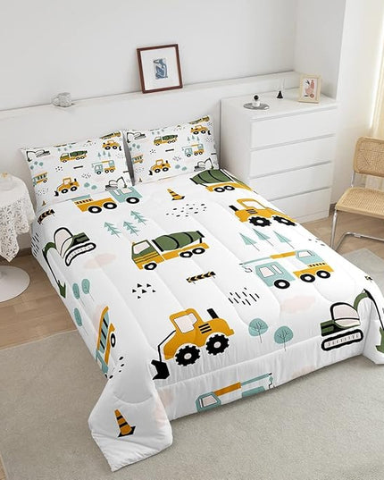 Excavator Kids Comforter Construction Trucks Comforter Set for Boys Teens Heavy Vehicles Decor Bedding Set Cartoon Cars Green Orange Quilt Set with 2 Pillowcases 3Pcs Bedding Full - LeafyLoom
