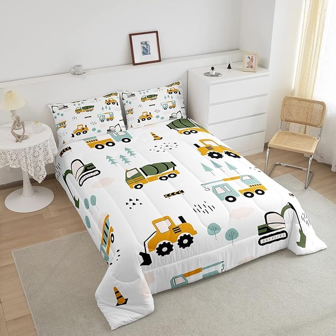Excavator Kids Comforter Construction Trucks Comforter Set for Boys Teens Heavy Vehicles Decor Bedding Set Cartoon Cars Green Orange Quilt Set with 2 Pillowcases 3Pcs Bedding Full - LeafyLoom