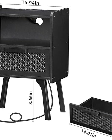 Lerliuo Rattan Nightstand with Charging Station, Side Table with Drawer Open Shelf, Cane Bedside End Table with Solid Wood Legs, Mid Century Night Stand for Bedroom, Dorm and Small Spaces (Black) - LeafyLoom