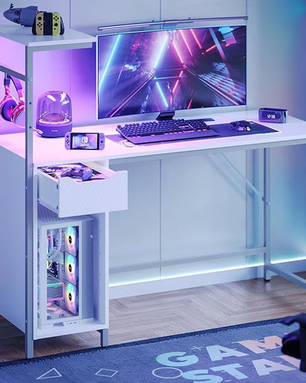 Bestier Gaming Desk with Drawer and LED Lights, 48 inch Computer Desk PC Table with Adjustable Storage Shelves & Hook for Home Office, Carbon Fiber White - LeafyLoom