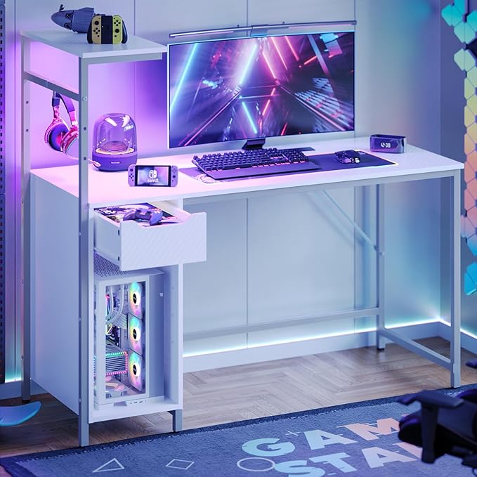 Bestier Gaming Desk with Drawer and LED Lights, 48 inch Computer Desk PC Table with Adjustable Storage Shelves & Hook for Home Office, Carbon Fiber White - LeafyLoom