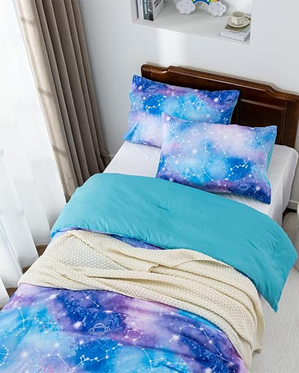 Holawakaka Tie Dye Galaxy Constellation Print Ombre Comforter Set Twin/Twin XL Size Girls Boys Dorm Gradient Space Stars Bedding Set (Blue Purple, Twin) - LeafyLoom