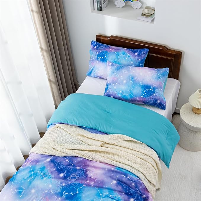 Holawakaka Tie Dye Galaxy Constellation Print Ombre Comforter Set Twin/Twin XL Size Girls Boys Dorm Gradient Space Stars Bedding Set (Blue Purple, Twin) - LeafyLoom