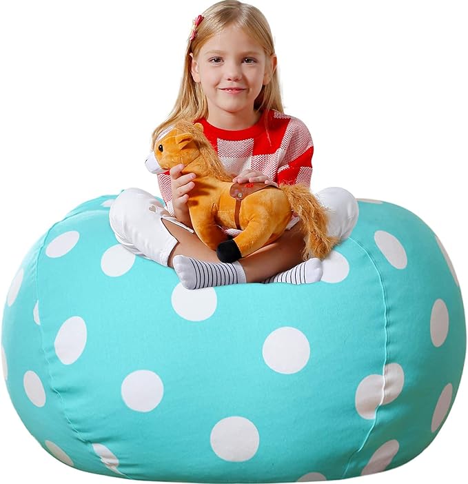 Aubliss Stuffed Animal Bean Bag Storage Chair, Beanbag Covers Only for Organizing Plush Toys, Turns into Bean Bag Seat for Kids When Filled, Medium 32"-Canvas Dot Light aqua - LeafyLoom