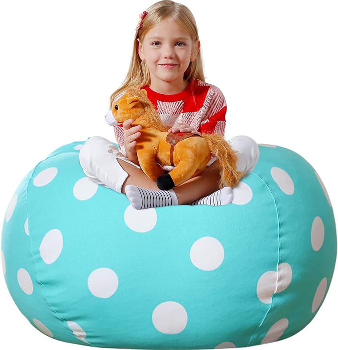 Aubliss Stuffed Animal Bean Bag Storage Chair, Beanbag Covers Only for Organizing Plush Toys, Turns into Bean Bag Seat for Kids When Filled, Large 38"-Canvas Dot Light aqua - LeafyLoom