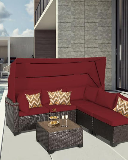 6 PCS Outdoor Patio Furniture Set,Sectional Sofa Set,Rattan Daybed with Retractable Canopy,Adjustable Backrest,Storage Coffee Table,Chaise Chair Sunbed for Porch Garden Poolside Backyard(Red) - LeafyLoom