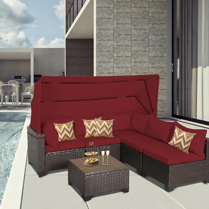6 PCS Outdoor Patio Furniture Set,Sectional Sofa Set,Rattan Daybed with Retractable Canopy,Adjustable Backrest,Storage Coffee Table,Chaise Chair Sunbed for Porch Garden Poolside Backyard(Red) - LeafyLoom