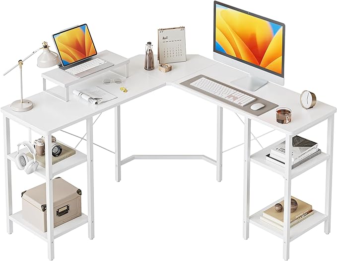 CubiCubi L Shaped Desk, 50.4 inch Computer Corner Desk with 2 Storage Shelves, Home Office Desk with Monitor Stand, White - LeafyLoom