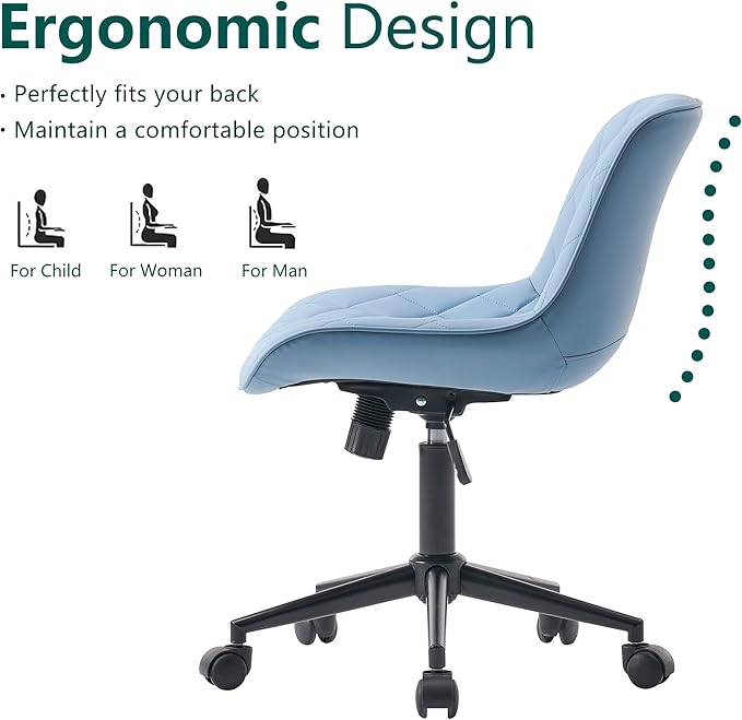 YOUNUOKE Office Chair Desk Chair with Wheels, Thick Upholstery Armless Computer Chair, Small Cute Office Chair Faux Leather Swivel Desk Chairs Task Chairs, Blue - LeafyLoom