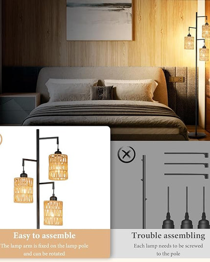 Farmhouse Floor Lamp, Industrial Style Tall Lamps, Boho Tree Standing Tall Lamp with Sturdy Modern Vintage Design for Living Room Bedroom Office Dining Room(Black) - LeafyLoom
