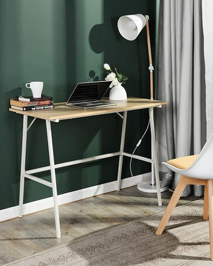 FurnitureR Home Office Computer Desk, Compact Writing Desk Study Desk with Metal Frame for Apartment, Dorm, Bedroom, Small Space (39.4 Inch, Brown) - LeafyLoom