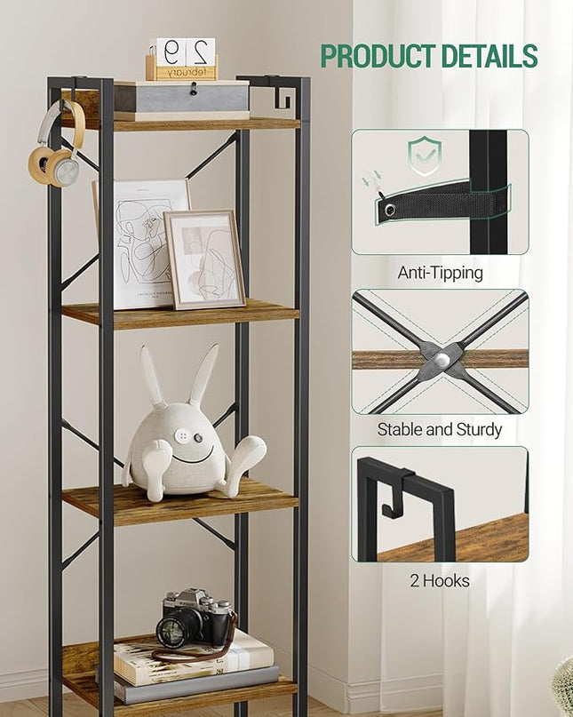 Bookshelf, Book Shelf, Industrial Bookcase with 2 Hooks, Coner Shelf Storage Organizer for Home Office, Living Room, Bedroom, Kitchen, 4-Tier Rustic Brown BC10401B - LeafyLoom