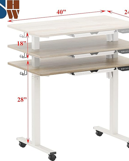 SHW Electric Height Adjustable Mobile Rolling Standing Desk Workstation, 40 x 24 Inches, Maple - LeafyLoom