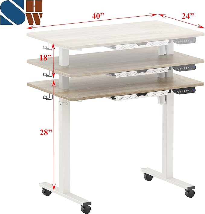 SHW Electric Height Adjustable Mobile Rolling Standing Desk Workstation, 40 x 24 Inches, Maple - LeafyLoom
