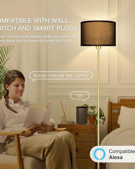 BoostArea Gold Floor Lamp Standing Lamp, 9W LED Floor Lamps with 3 Color Temperatures, Simple Tall Lamp with Linen Lampshade, On/Off Footswitch, Pole Lamps for Living Room, Bedroom, Office, Black - LeafyLoom