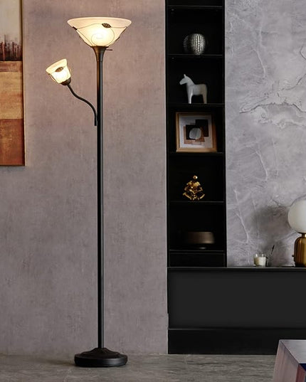 VONLUCE Torchiere Floor Lamp with Side Reading Light, 3-Way Switch Combo Antique Bronze Mother Daughter Floor Lamp with Glass Shade, 71" Desk Floor Lamp for Living Room Corner Bedroom Home Office - LeafyLoom