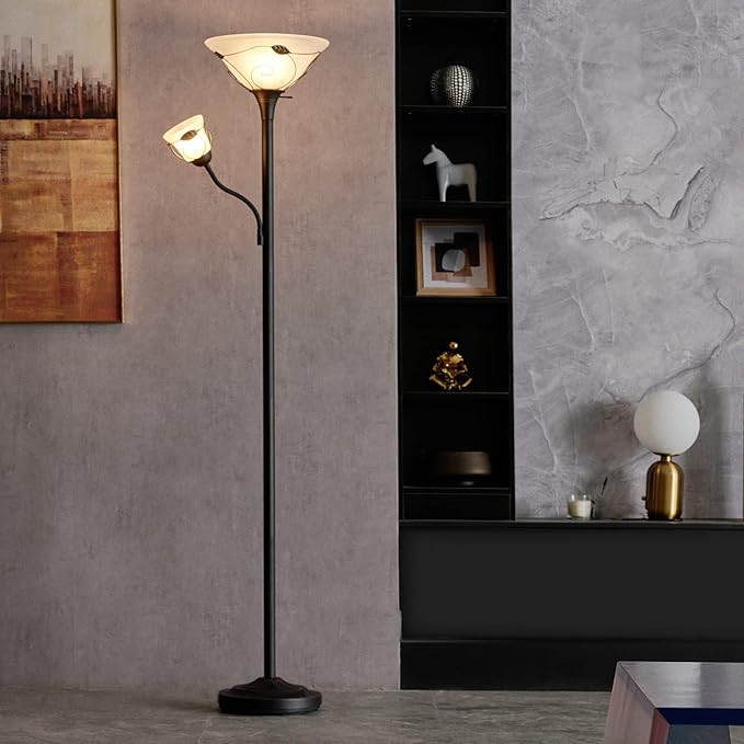 VONLUCE Torchiere Floor Lamp with Side Reading Light, 3-Way Switch Combo Antique Bronze Mother Daughter Floor Lamp with Glass Shade, 71" Desk Floor Lamp for Living Room Corner Bedroom Home Office - LeafyLoom