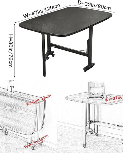 Multifunction Table Drop Leaf Dining Table - 47" Solid Wooden Foldable Kitchen Table with 6 Wheels (Black) - LeafyLoom