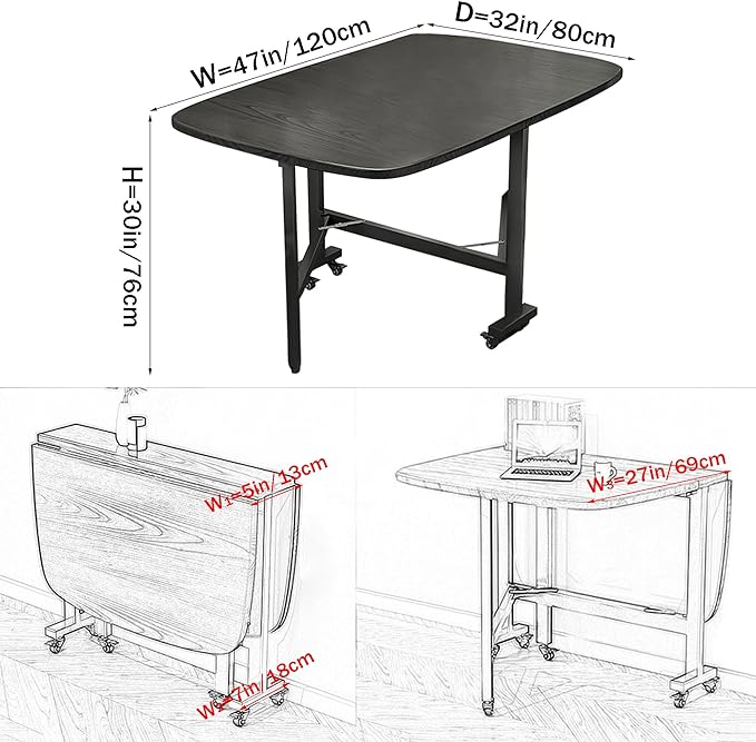Multifunction Table Drop Leaf Dining Table - 47" Solid Wooden Foldable Kitchen Table with 6 Wheels (Black) - LeafyLoom