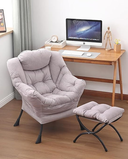 Lazy Chair and Ottoman, Large Accent Lounge Chair with Armrests and a Side Pocket, Modern Leisure Upholstered Sofa Reading Armchair with Footrest for Bedroom, Living Room, Dorm Rooms, Office - LeafyLoom