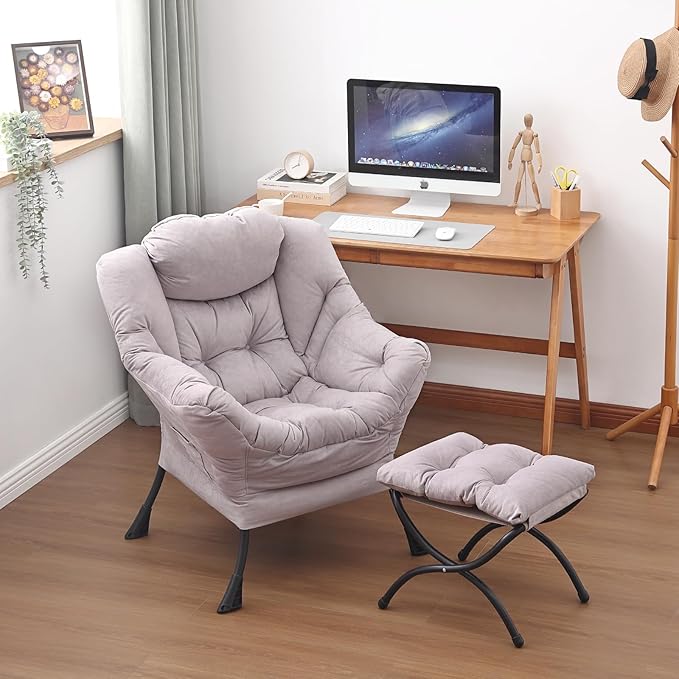 Lazy Chair and Ottoman, Large Accent Lounge Chair with Armrests and a Side Pocket, Modern Leisure Upholstered Sofa Reading Armchair with Footrest for Bedroom, Living Room, Dorm Rooms, Office - LeafyLoom