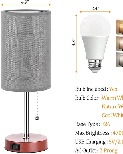 Dott Arts Table Lamp for Bedroom, 3-Color Bedside Lamps with Pull Chain, Bedroom Table Lamps for Nightstand,Small Lamp for Living Room, Bulb Included Grey Striped … - LeafyLoom
