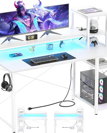 Gaming Desk with Lights & Power Outlets, 47.2' Computer Desk with Shelves, Small Desk for Small Space, Writing Desk with Monitor Stand, White - LeafyLoom