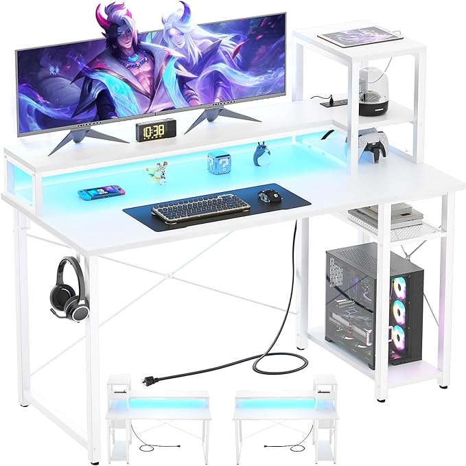 Gaming Desk with Lights & Power Outlets, 47.2' Computer Desk with Shelves, Small Desk for Small Space, Writing Desk with Monitor Stand, White - LeafyLoom